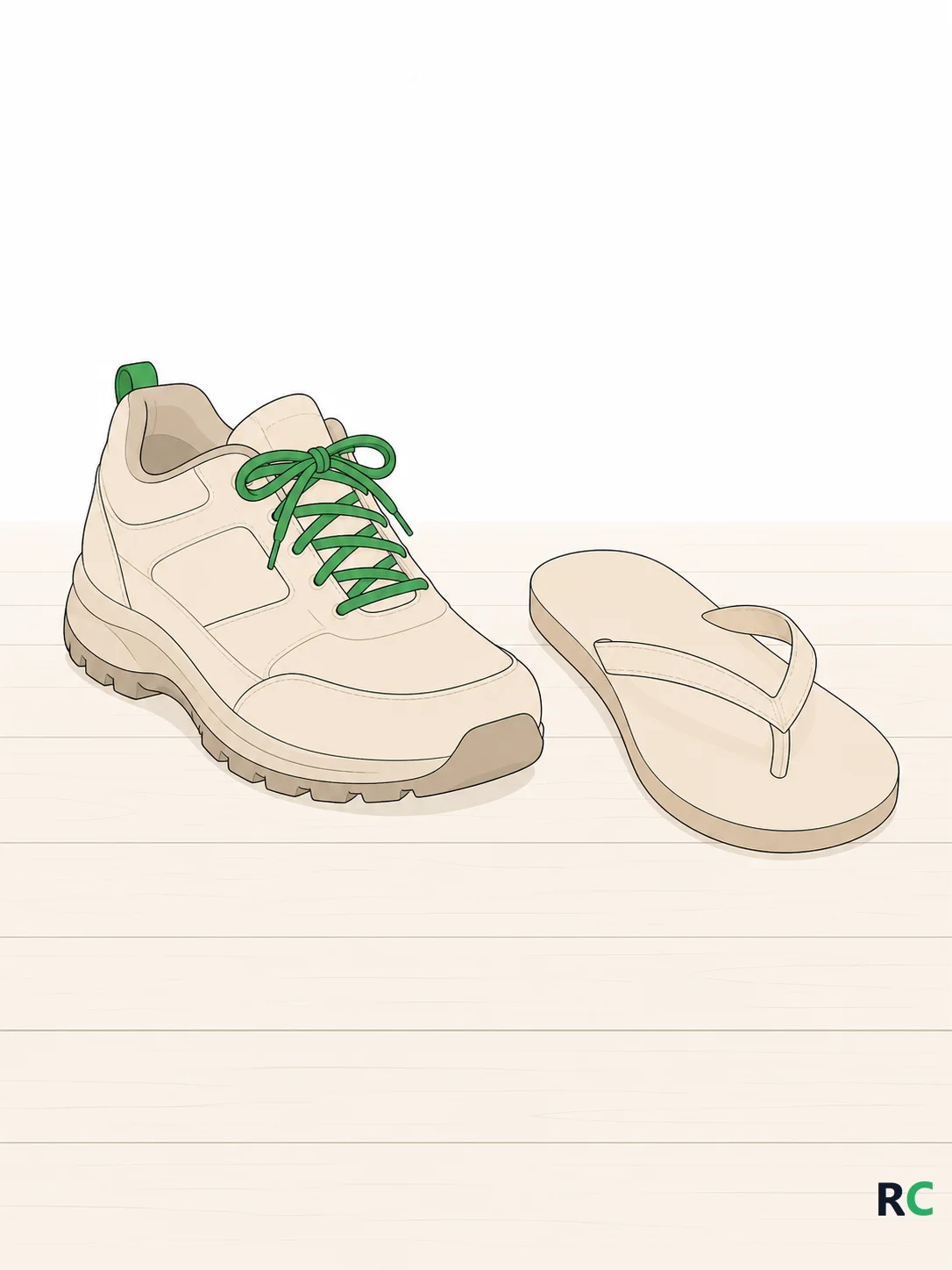 Ilustração de um sapato fechado com cadarço e solado aderente ao lado de um chinelo aberto de dedo