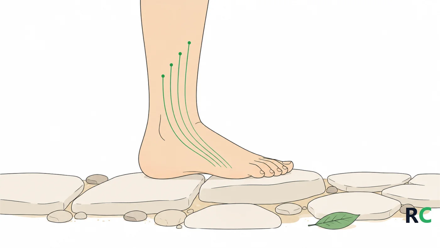 Ilustração de pé descalço sobre piso irregular, com linhas subindo da sola representando a informação que chega ao cérebro