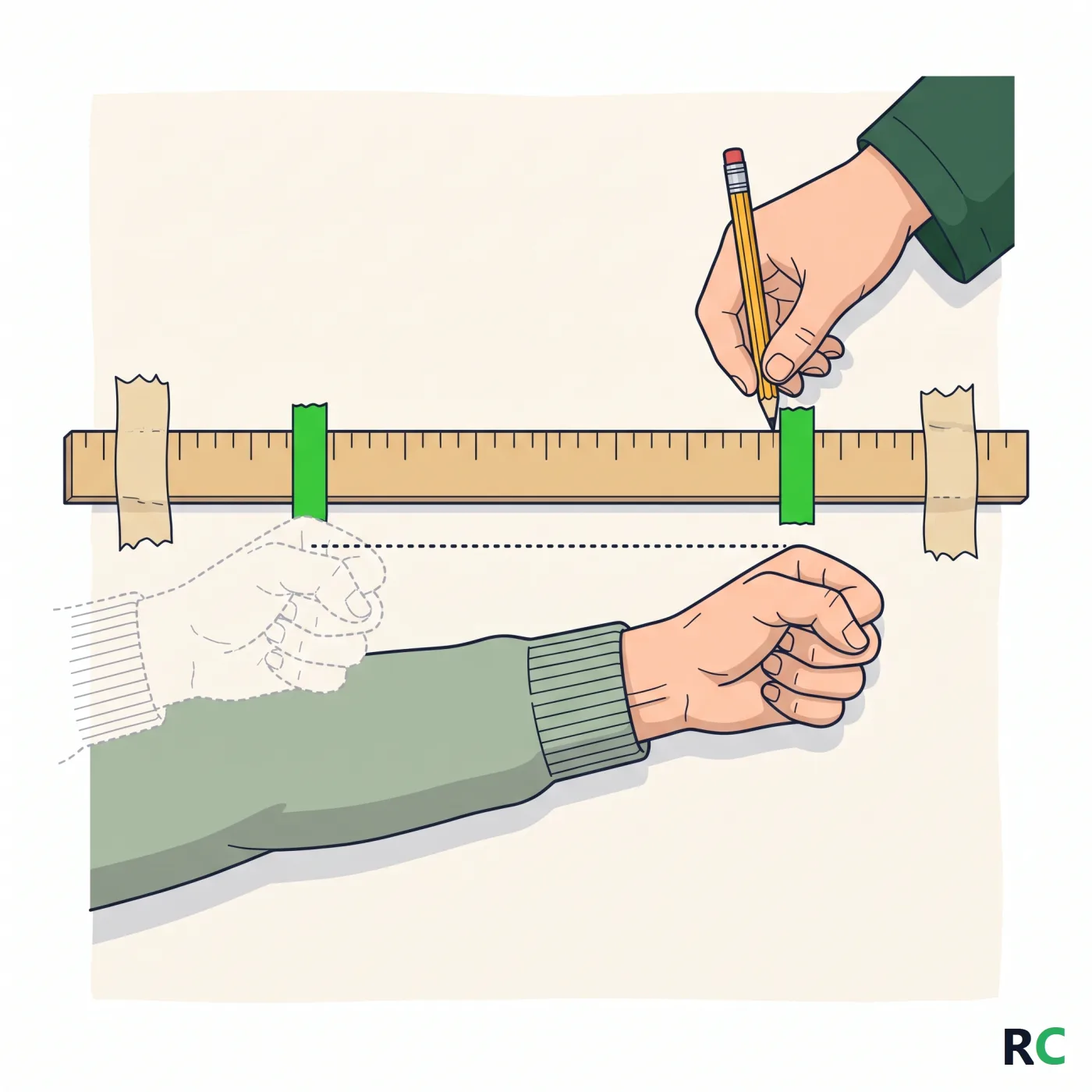 Ilustração em close da régua na parede com duas marcas verdes, o contorno tracejado da mão fechada no ponto inicial, a mão no ponto final e a mão do fisioterapeuta marcando a régua com um lápis