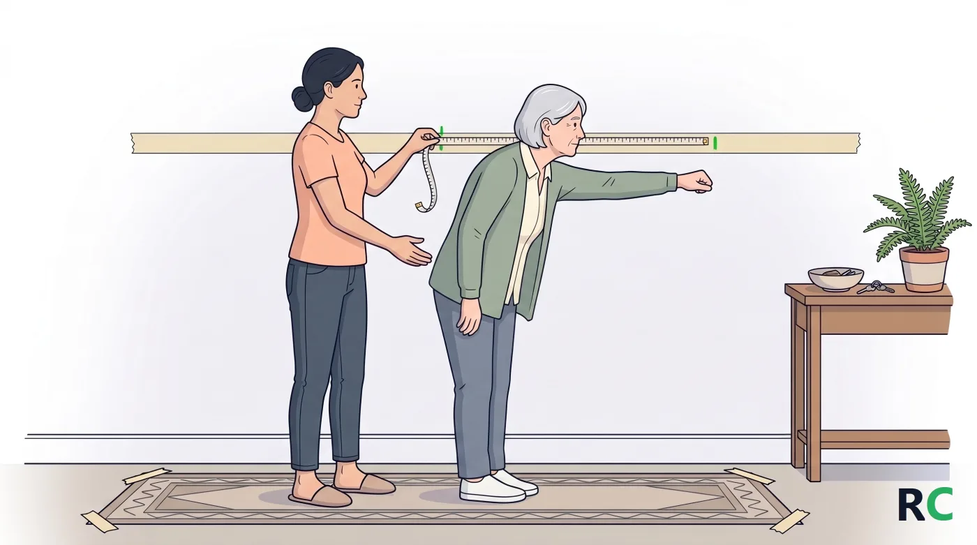 Ilustração de senhora idosa no corredor de casa estendendo o braço ao longo de uma fita adesiva presa na parede, enquanto a filha fica ao lado com a mão perto das costas dela e uma fita métrica de costura na outra mão