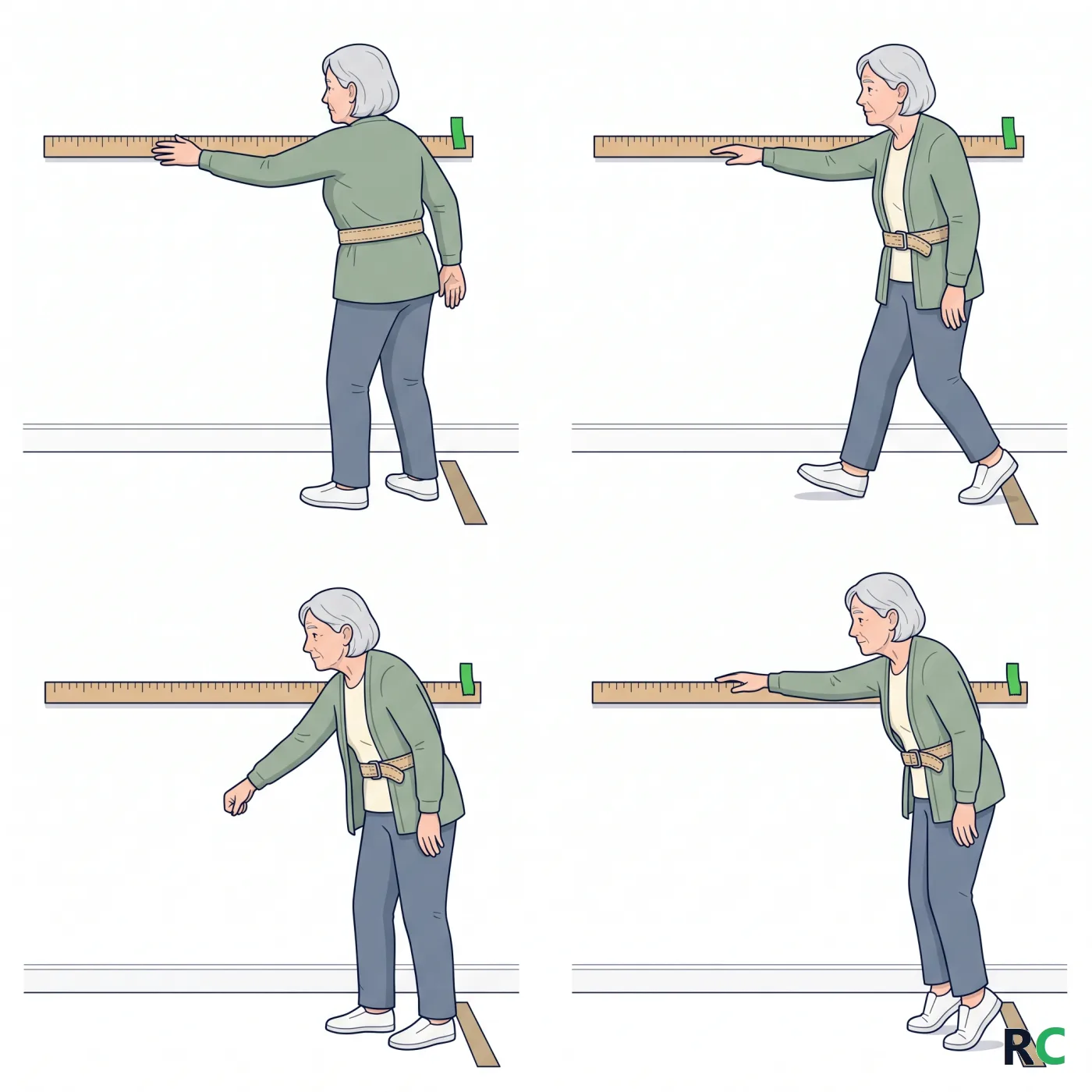 Ilustração em quatro quadros da mesma senhora idosa diante da régua na parede: no primeiro ela gira o tronco, no segundo dá um passo à frente, no terceiro baixa o braço abaixo da régua e no quarto sobe na ponta dos pés