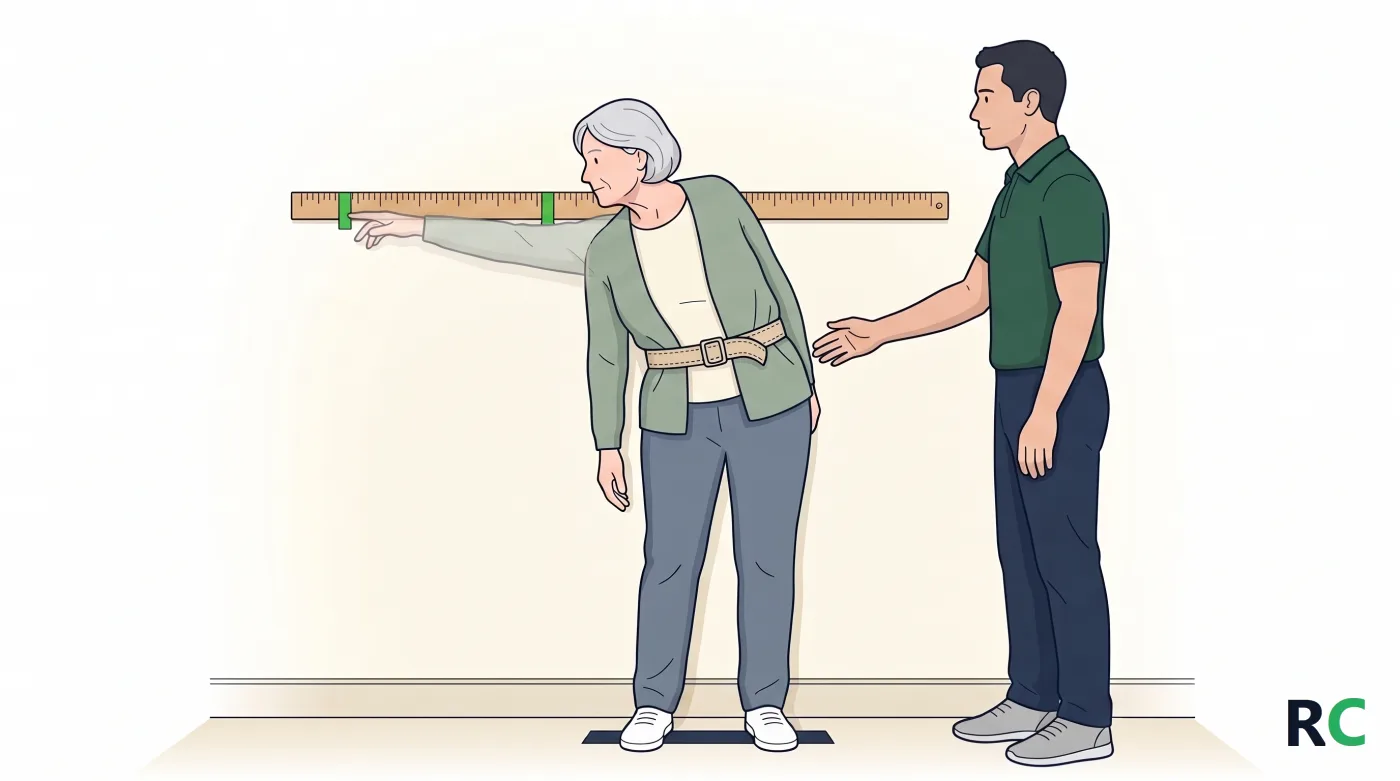 Ilustração de senhora idosa de frente, de costas para a parede, com o braço direito aberto na altura da régua e o tronco inclinado para o lado, os pés parados sobre a fita do chão e o fisioterapeuta ao lado com a mão perto do quadril dela
