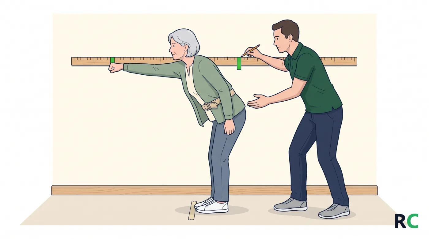 Ilustração de senhora idosa de perfil no alcance máximo do teste, com o quadril para trás, o tronco inclinado para a frente, o braço na altura da régua e os pés parados sobre a fita do chão, com o fisioterapeuta ao lado marcando a régua a lápis