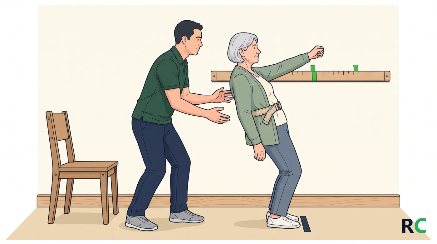 Ilustração de senhora idosa de perfil com o braço estendido à frente na altura da régua, inclinando o corpo para trás com os pés parados, e o fisioterapeuta logo atrás dela com as duas mãos prontas para segurar, ao lado de uma cadeira encostada na parede