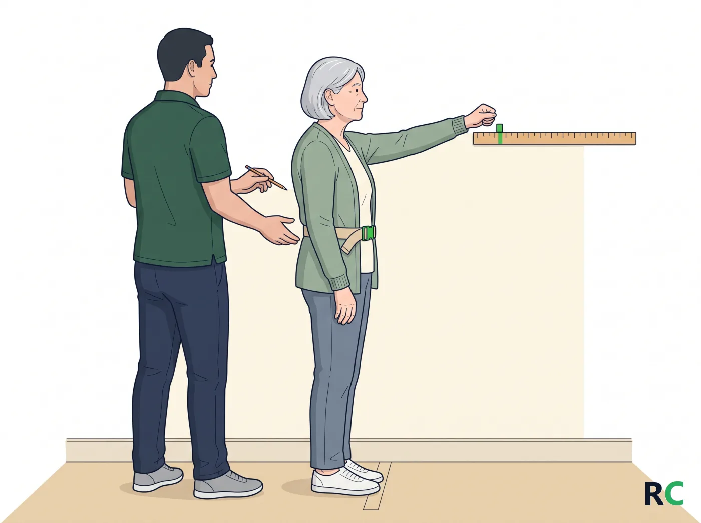 Ilustração de senhora idosa de perfil, em pé ao lado da parede com o braço estendido à frente na altura da régua e a mão fechada, enquanto o fisioterapeuta de camisa polo verde fica atrás dela com a mão perto do cinto de transferência e um lápis na outra