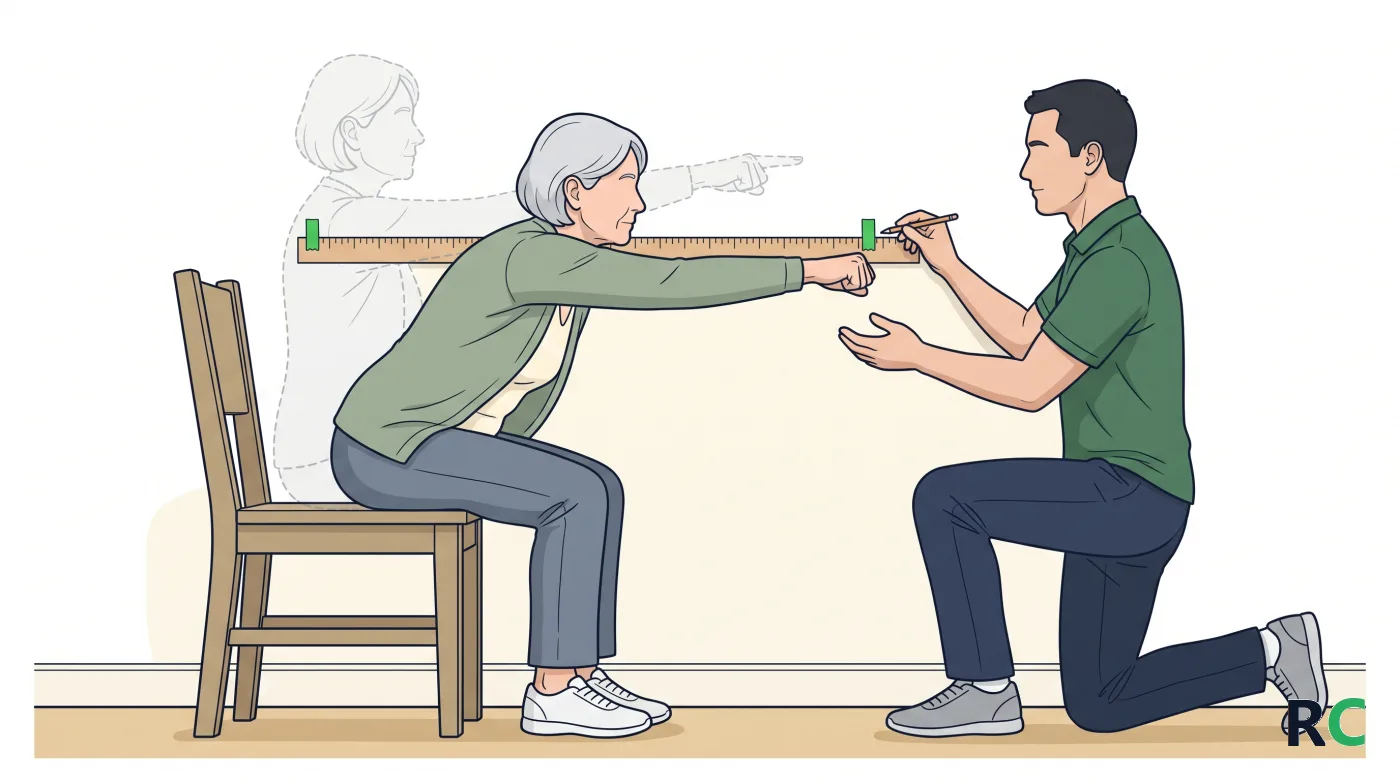 Ilustração de senhora idosa sentada numa cadeira de madeira sem braço, com as costas longe do encosto, inclinando o tronco para a frente com o braço na altura da régua, e o fisioterapeuta ajoelhado ao lado marcando a régua a lápis