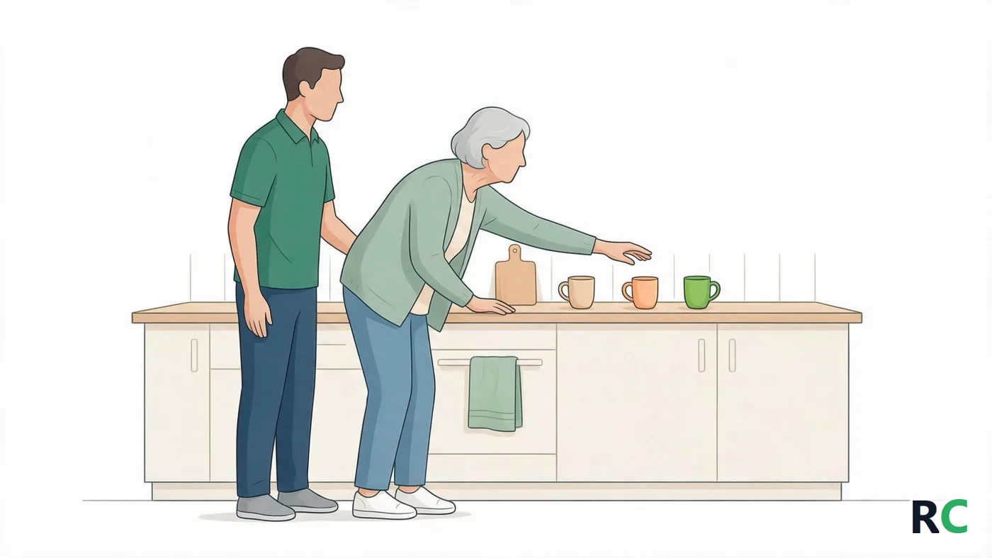 Ilustração de senhora idosa na bancada da cozinha, com a mão esquerda apoiada no tampo, estendendo a direita até a mais distante de três canecas enfileiradas, com o fisioterapeuta logo atrás dela