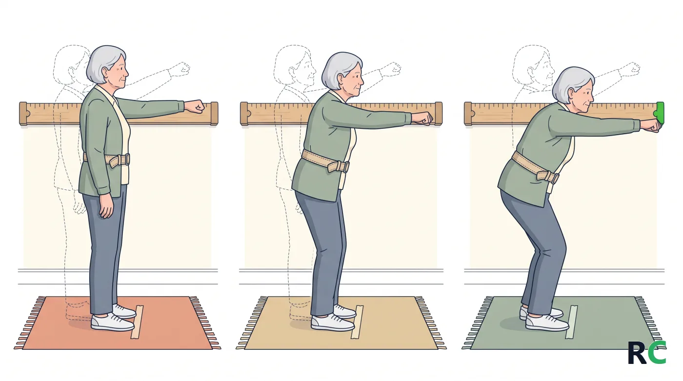 Ilustração de três cenas lado a lado da mesma senhora idosa diante da régua, sobre tapetes laranja, areia e verde: na primeira ela quase não se inclina, na segunda se inclina um pouco e na terceira leva o punho até o fim da régua