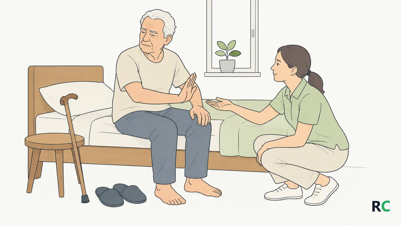 Ilustração de senhor idoso sentado na beira da cama afastando com a mão o braço do cuidador, com o rosto tenso e a outra mão apoiada sobre o joelho