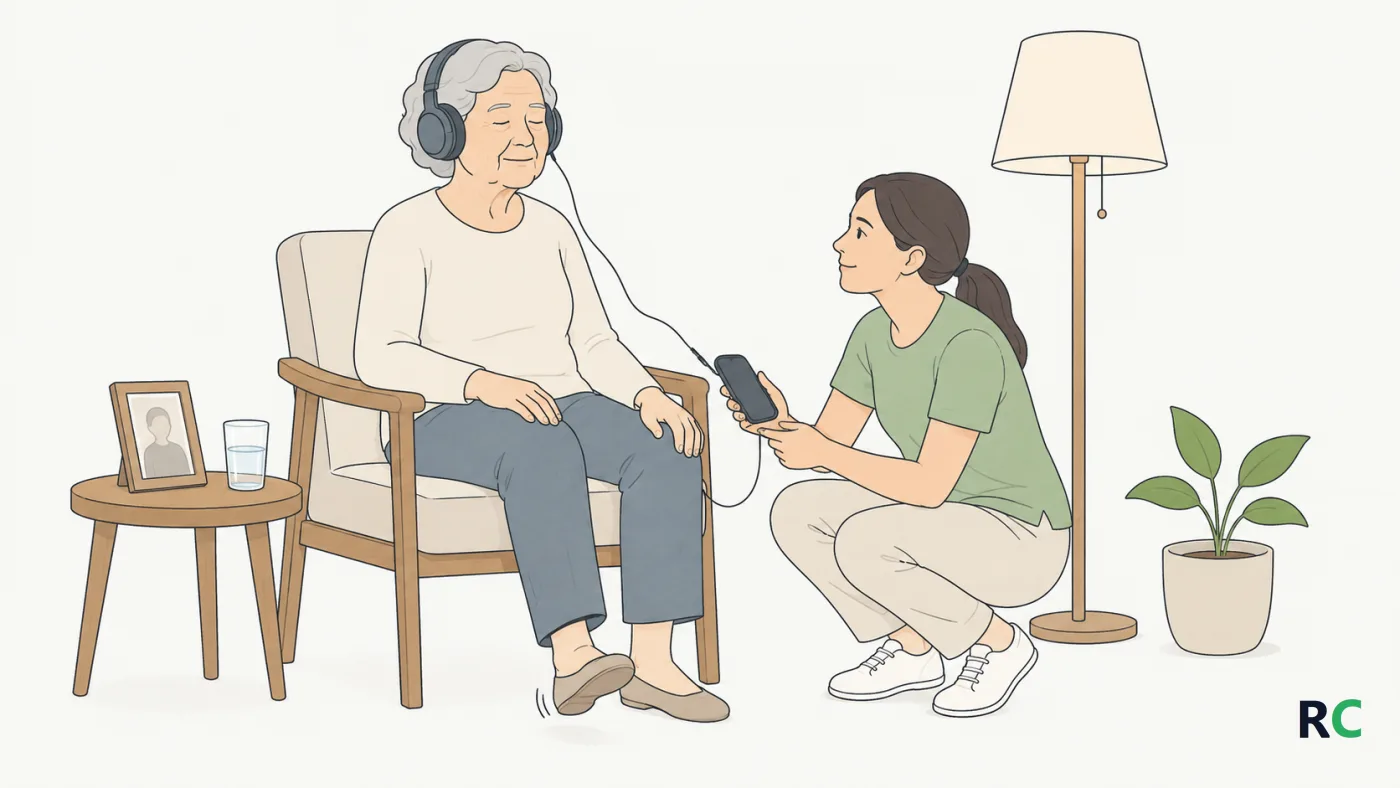 Ilustração de senhora idosa sentada na cadeira da sala com fone de ouvido, batendo o pé no ritmo, enquanto a neta ajusta o volume do celular ao lado