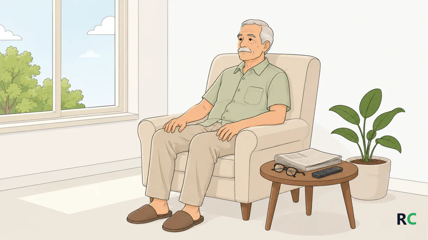 Ilustração de senhor idoso sentado na poltrona da sala com o jornal fechado sobre a mesa ao lado, olhando para o nada, enquanto a luz da tarde entra pela janela