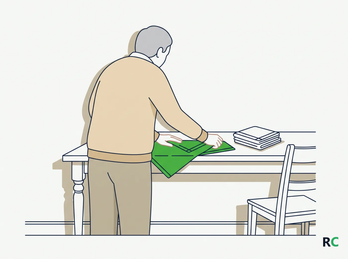 Ilustração de idoso de costas dobrando um pano sobre a mesa