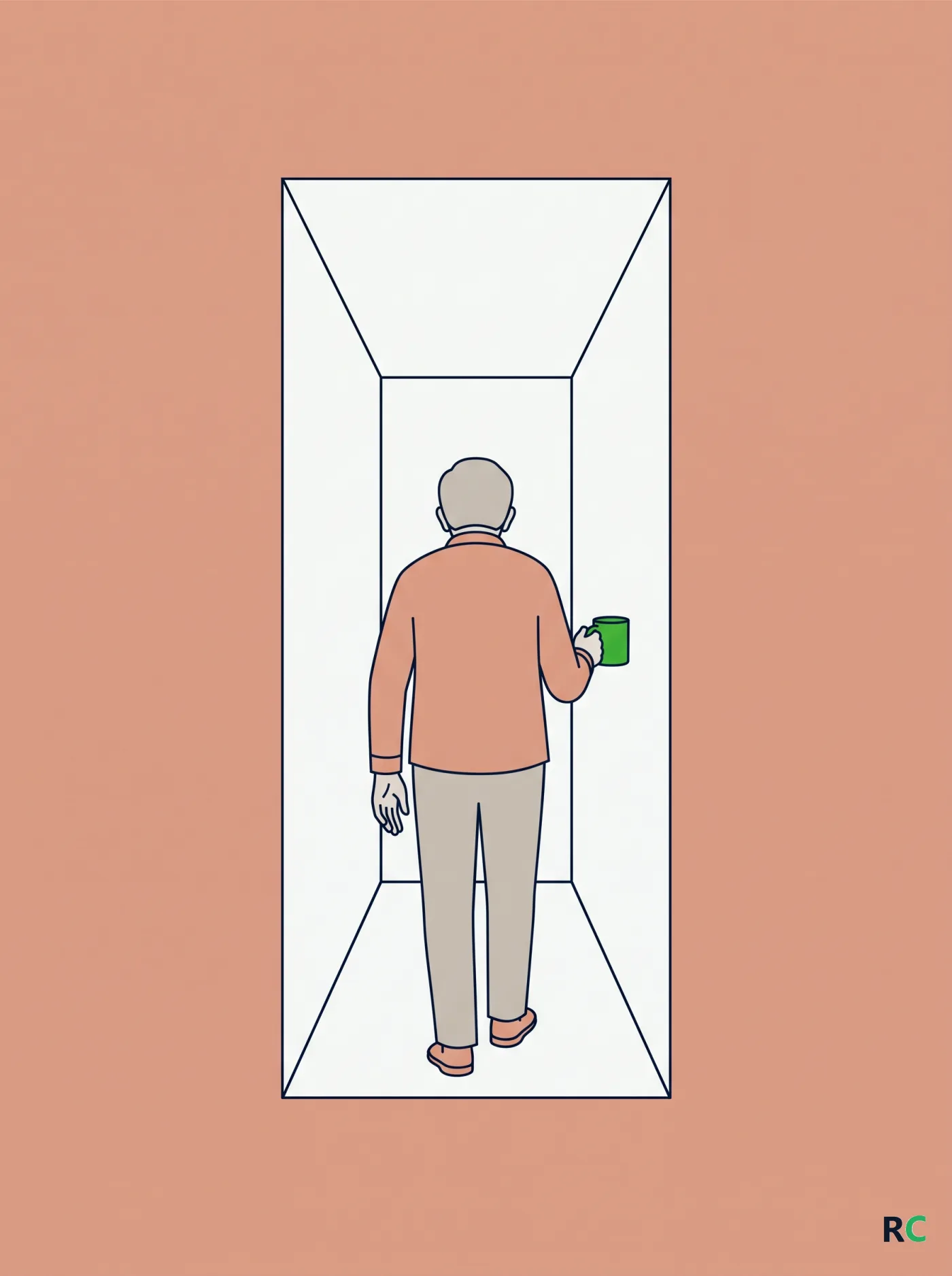 Ilustração vertical de idoso caminhando pelo corredor carregando uma caneca