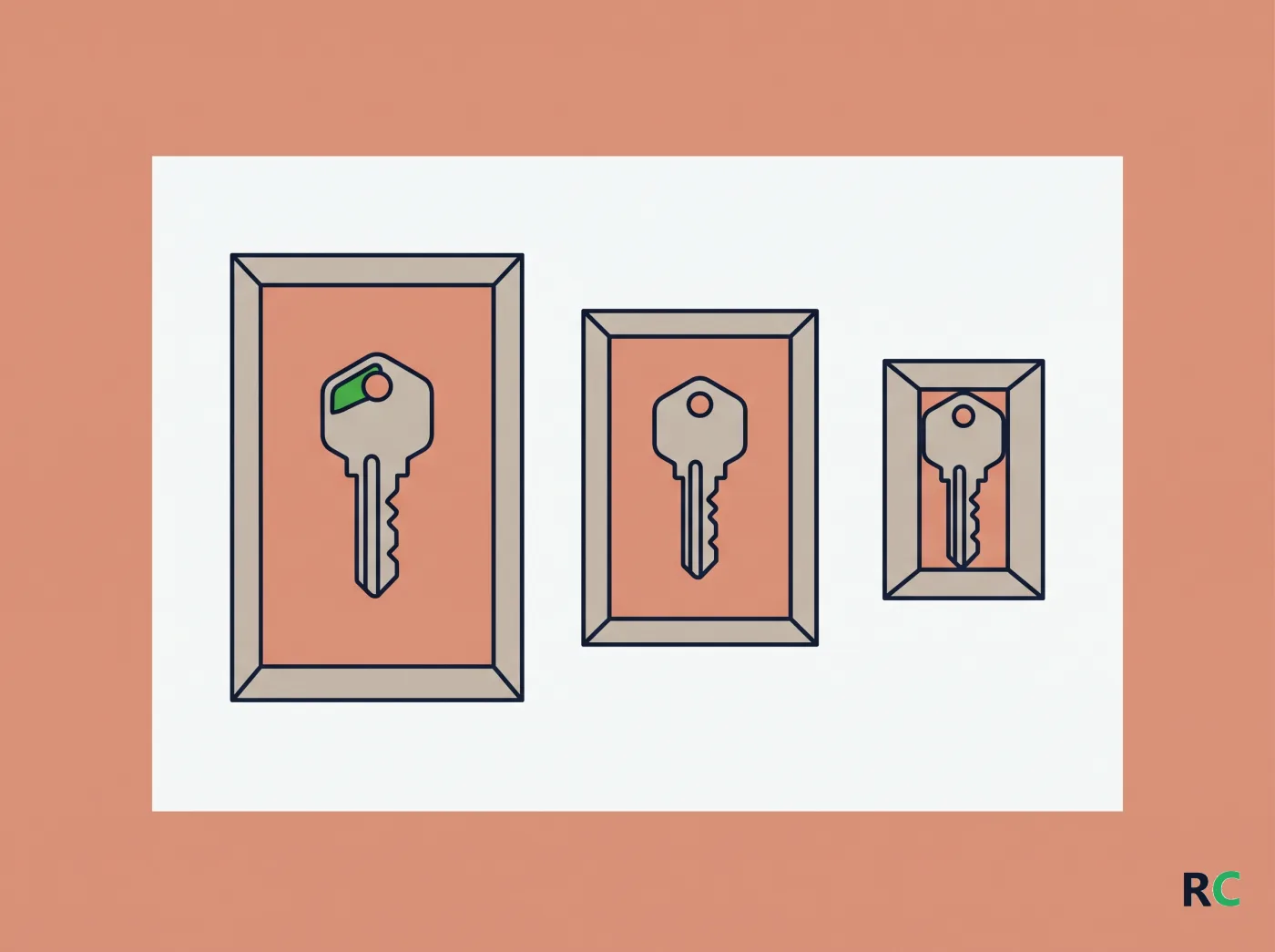 Ilustração de três recortes brancos de tamanhos decrescentes, cada um com uma chave