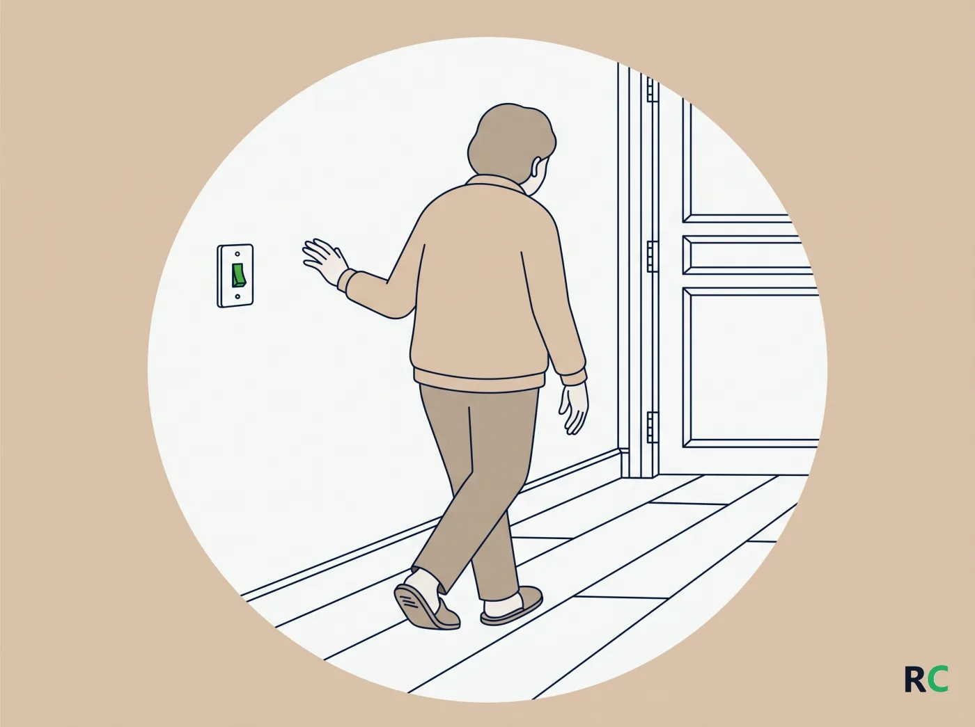 Ilustração de idoso de costas caminhando dentro de um círculo claro