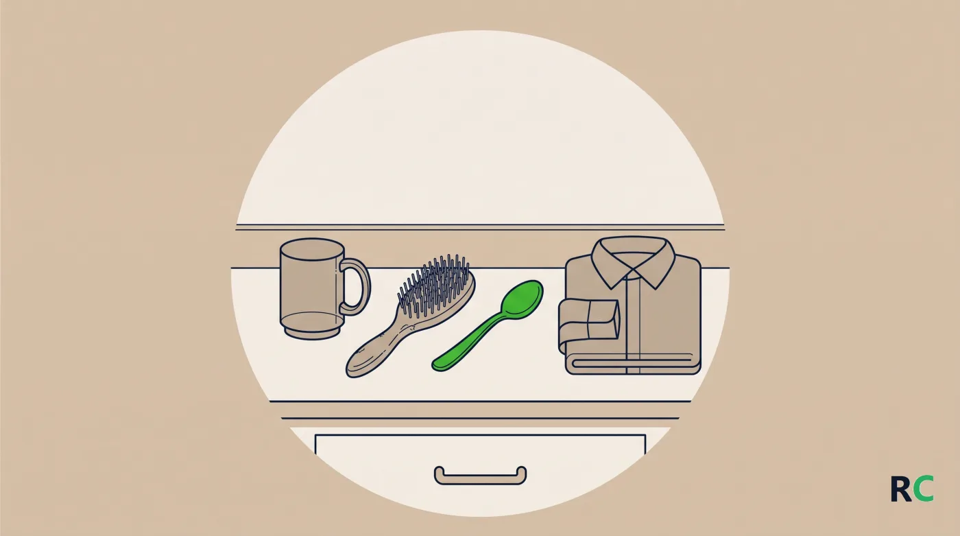 Ilustração de objetos do cotidiano dentro de um círculo claro