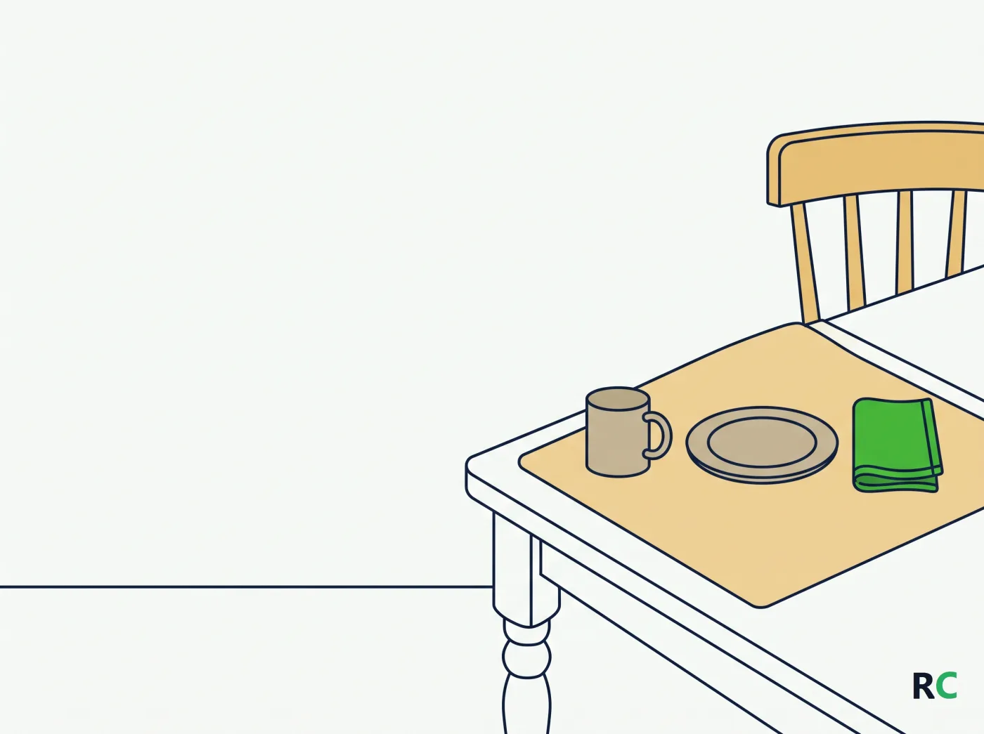 Ilustração de mesa posta com objetos organizados no canto do quadro