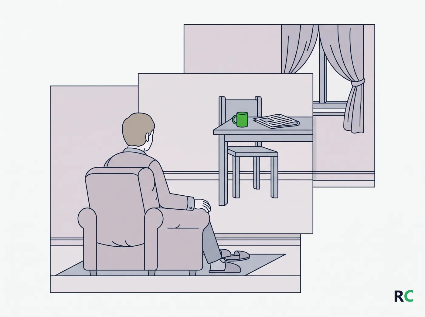 Ilustração de idoso de costas em uma sala com planos recuados ao fundo