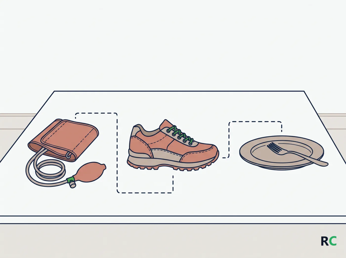 Ilustração de esfigmomanômetro, tênis e prato ligados por uma linha tracejada
