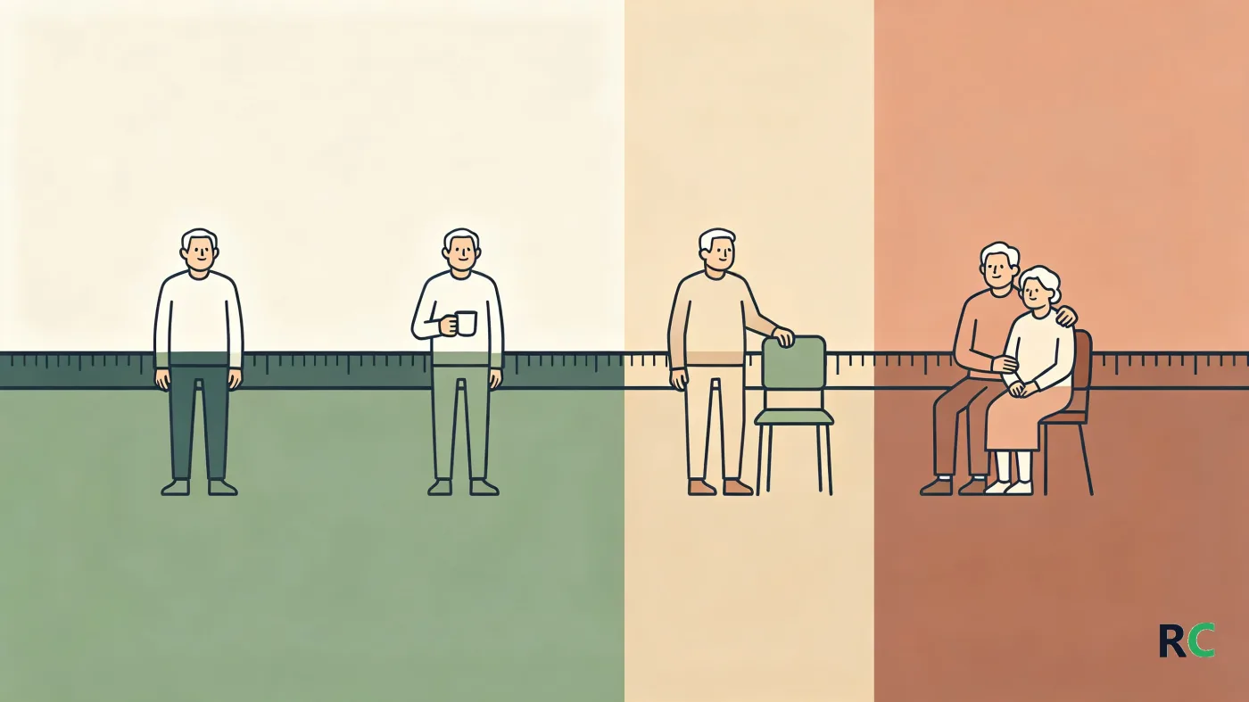 Ilustração de uma régua horizontal com quatro marcas, da queixa sentida em casa até a perda de autonomia