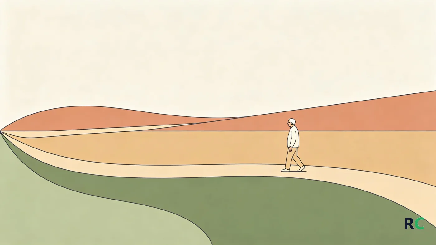 Ilustração de três caminhos que partem de um mesmo ponto, um subindo, um reto e um retornando