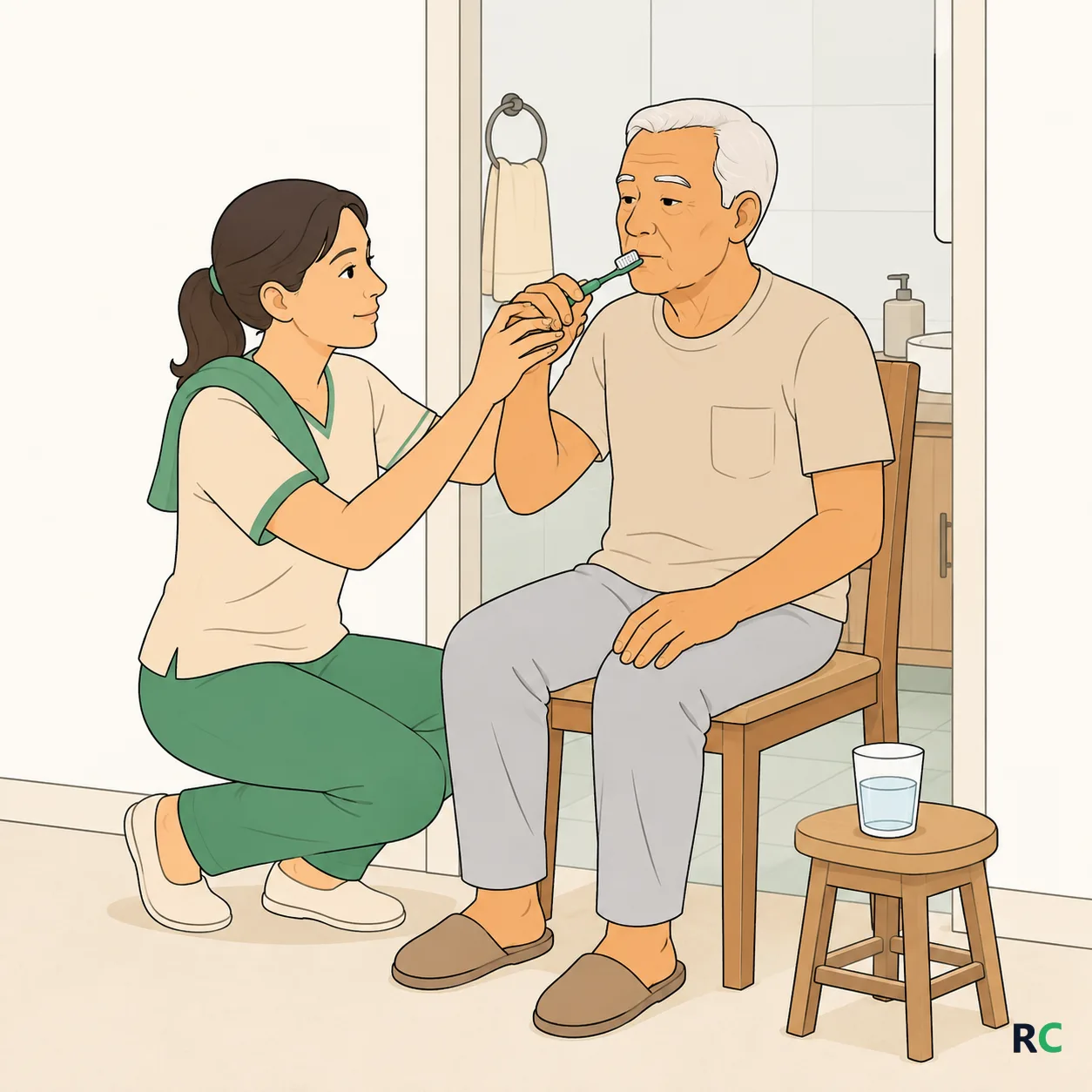 Ilustração de cuidadora escovando os dentes de um idoso sentado, com a mão dele apoiada sobre a dela