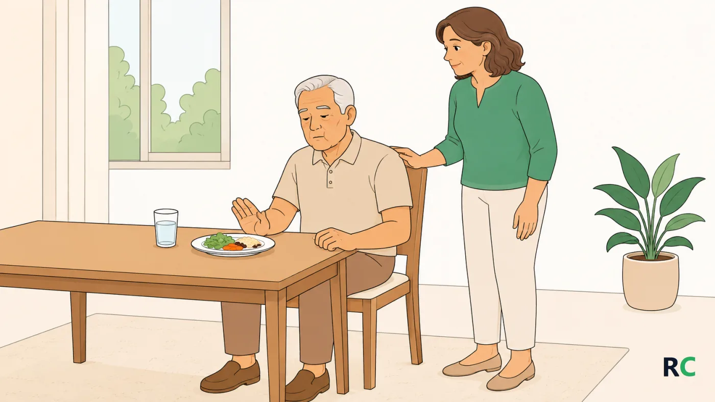 Ilustração de idosa à mesa recusando o prato enquanto a cuidadora observa ao lado