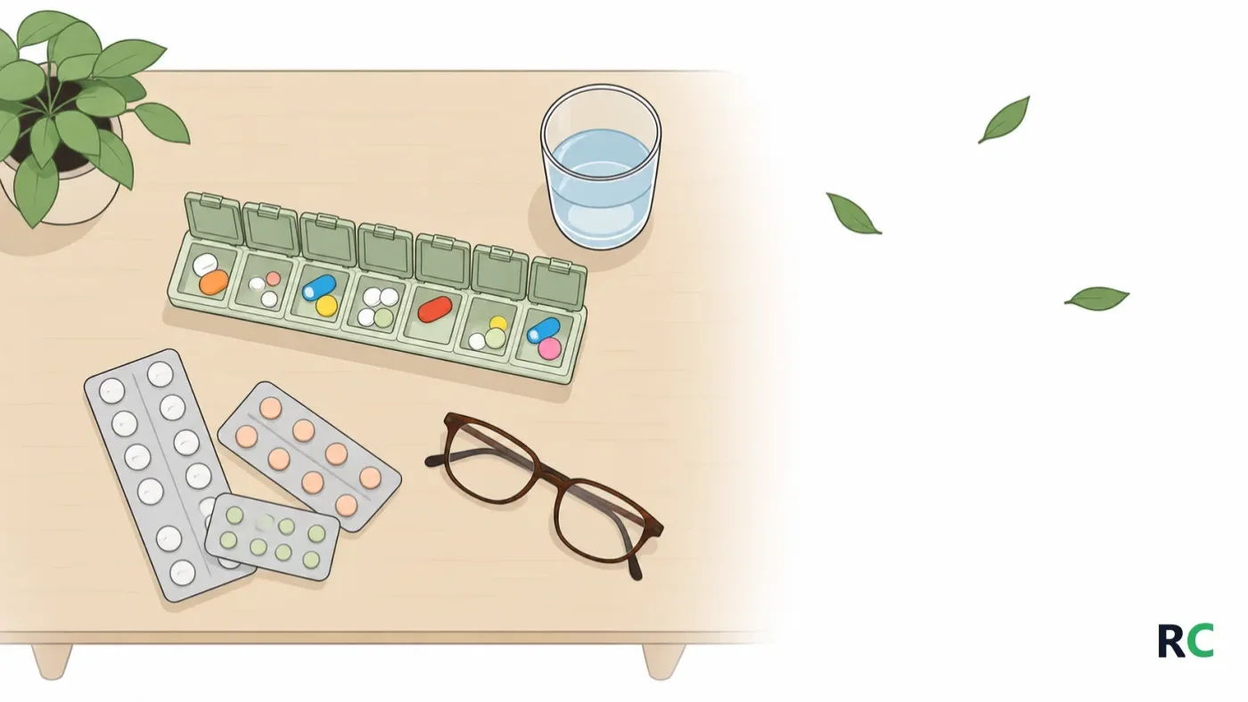 Ilustração de mesa de cabeceira vista de cima, com caixa organizadora de comprimidos aberta, três cartelas soltas e um copo de água ao lado