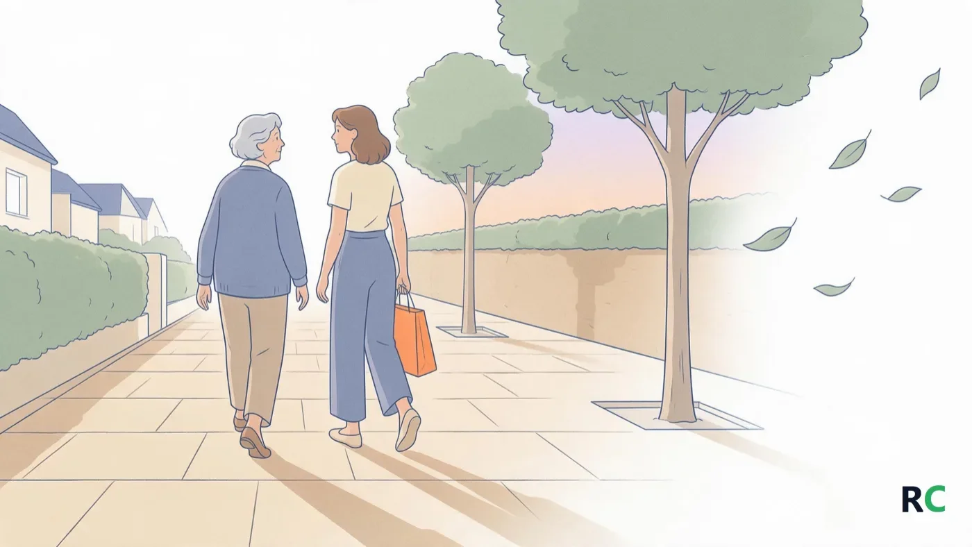 Ilustração de calçada arborizada no fim da tarde, com senhora idosa caminhando ao lado de uma vizinha e sombras compridas no chão