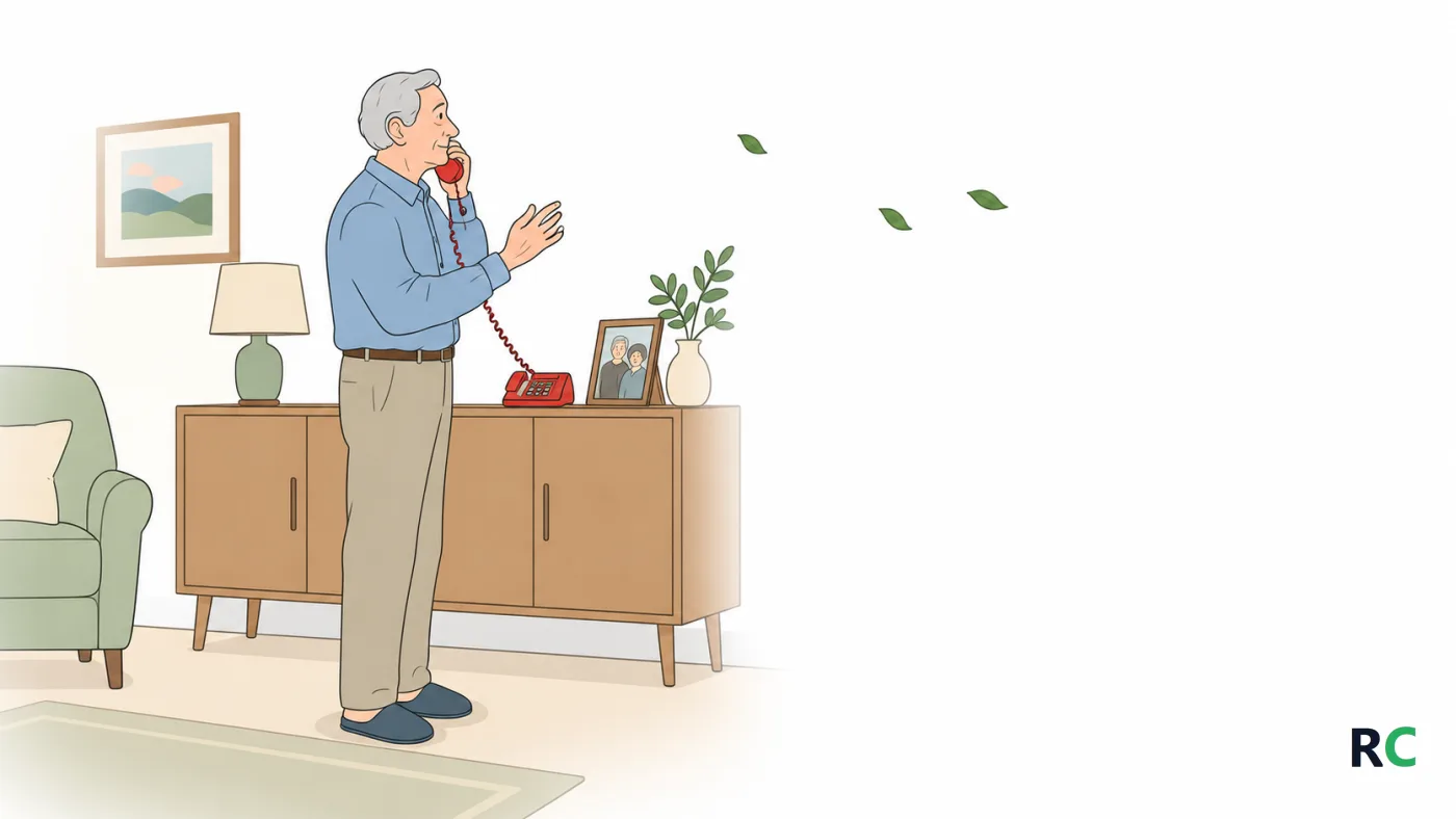 Ilustração de senhor idoso em pé na sala, de perfil, com o telefone na mão e a expressão suspensa, tentando lembrar o nome de quem está do outro lado da linha