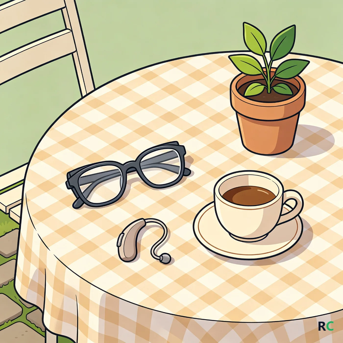 Ilustração de mesa de jardim com um par de óculos e um aparelho auditivo lado a lado sobre a toalha, ao lado de uma xícara e um vaso pequeno