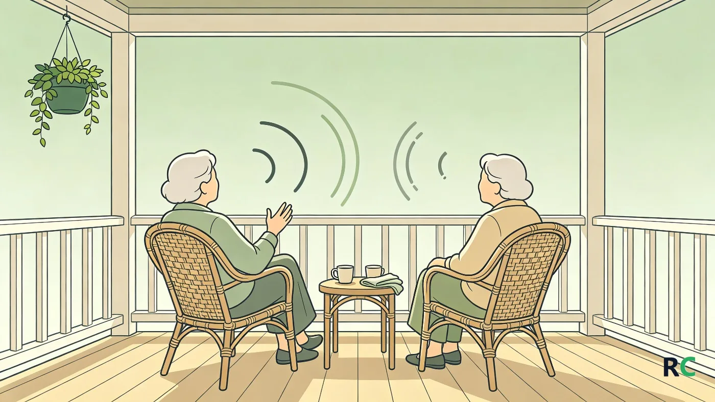 Ilustração de duas idosas sentadas de costas em uma varanda, uma com a mão erguida enquanto fala e a outra voltada para ela, com arcos de som entre as duas em que faltam pedaços