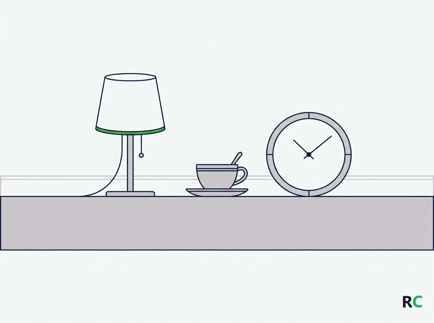 Ilustração de abajur, xícara e relógio simples sobre uma faixa horizontal