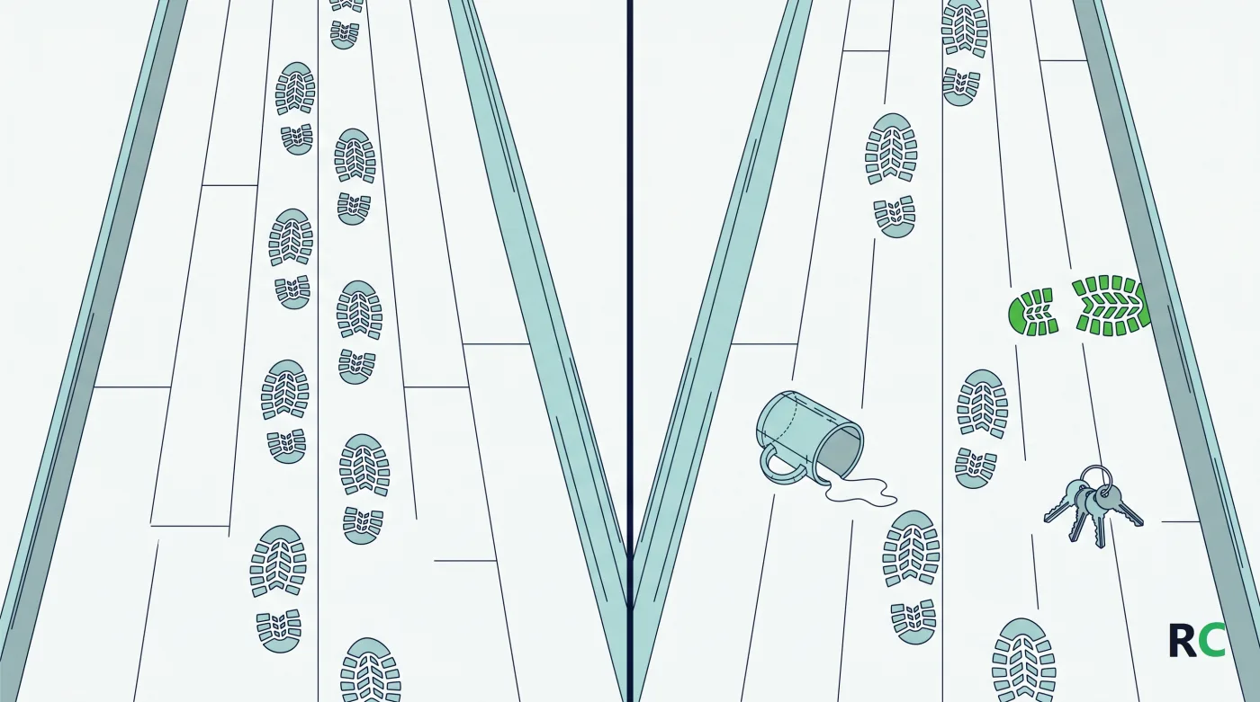 Ilustração dividida ao meio com pegadas regulares de um lado e irregulares do outro
