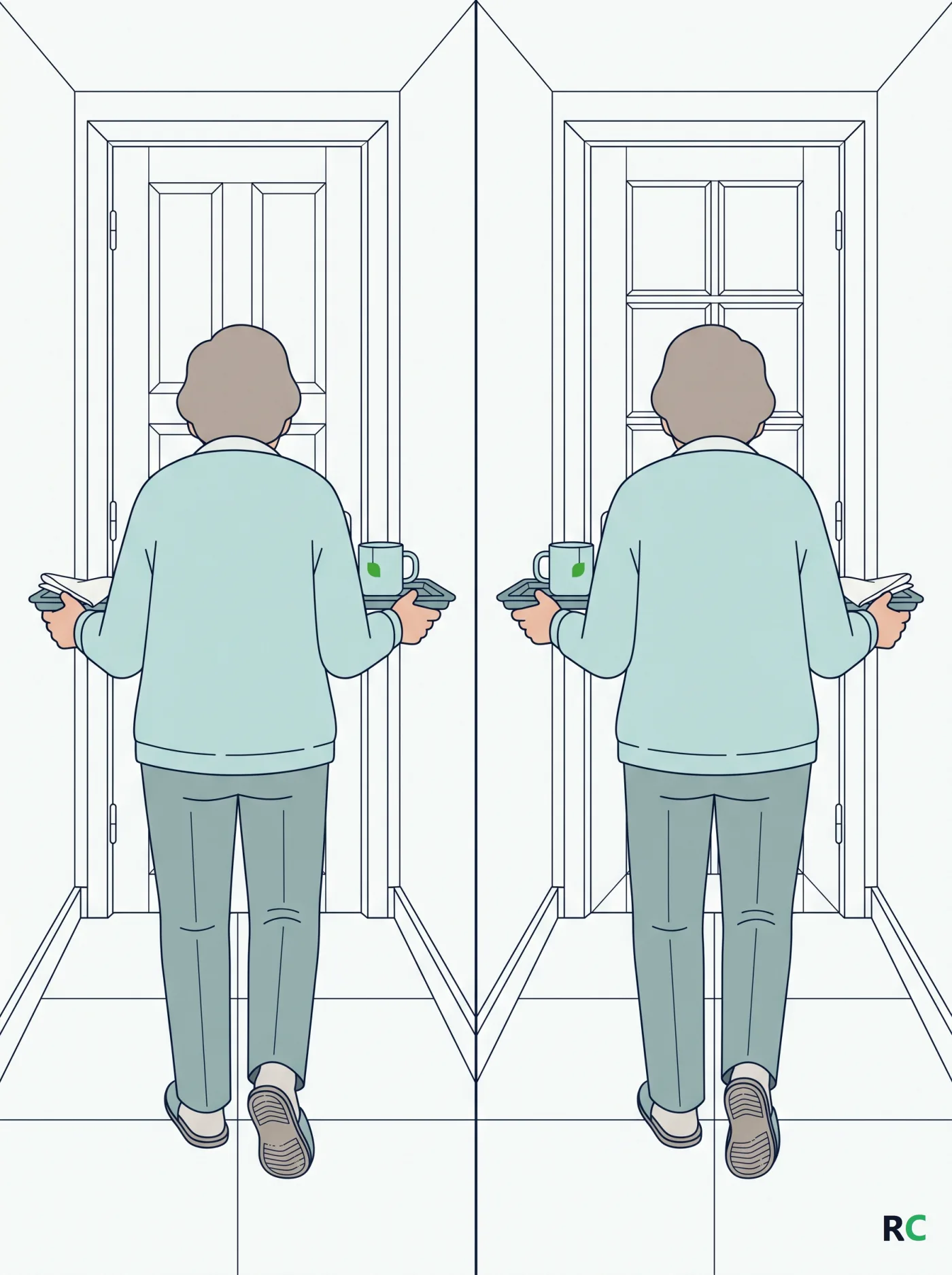 Ilustração vertical de idoso de costas caminhando com uma bandeja nas mãos