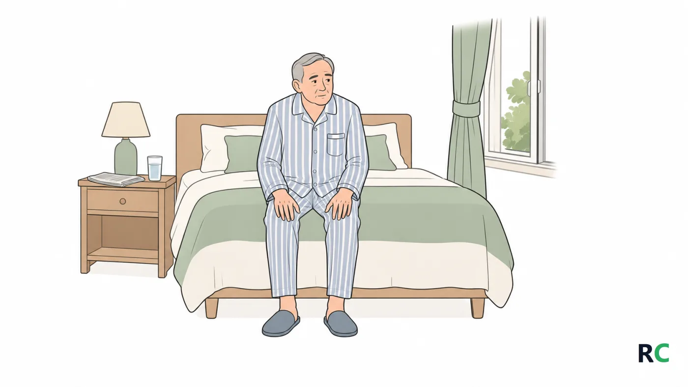 Ilustração de senhor sentado na beira da cama arrumada no meio da tarde, de pijama, com os pés no chão e a luz da janela atrás dele