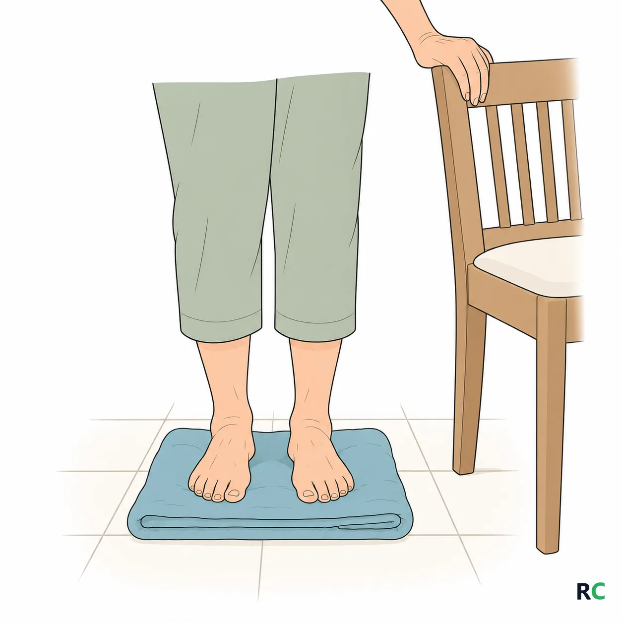 Ilustração de pés descalços de uma pessoa idosa sobre uma toalha dobrada no chão, ao lado de uma cadeira com a mão apoiada no encosto