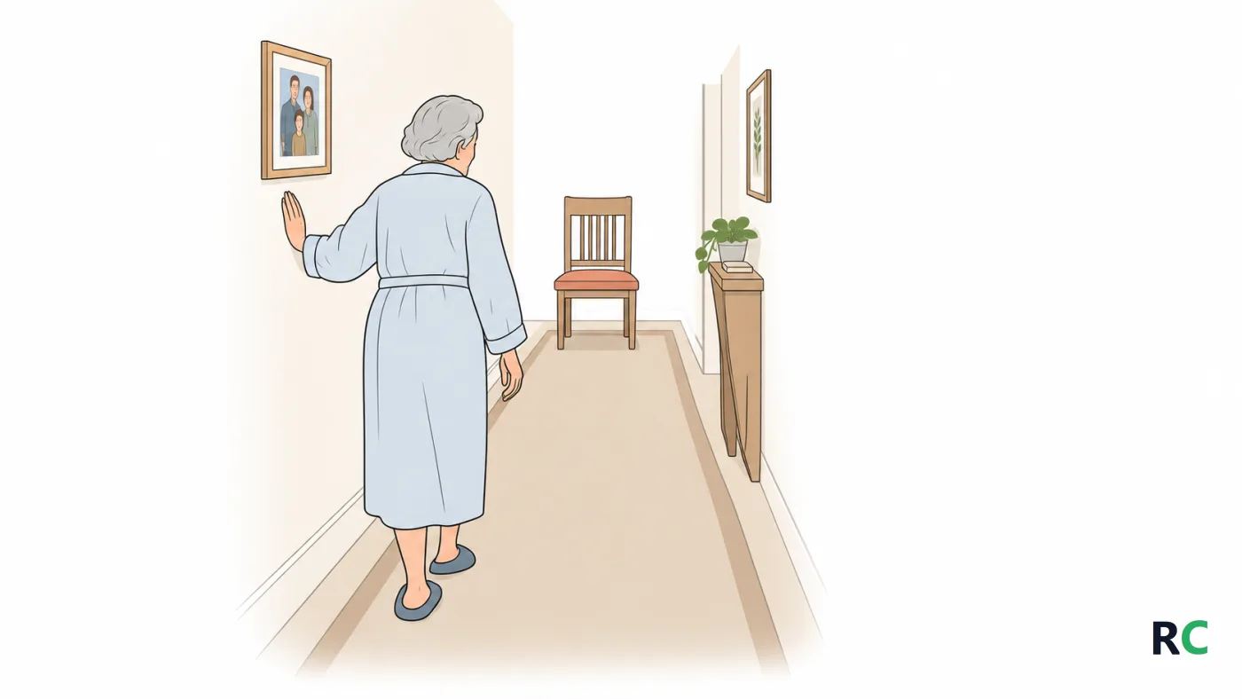 Ilustração de senhora caminhando devagar pelo corredor de casa, com a mão apoiada na parede e uma cadeira posicionada no fim do corredor