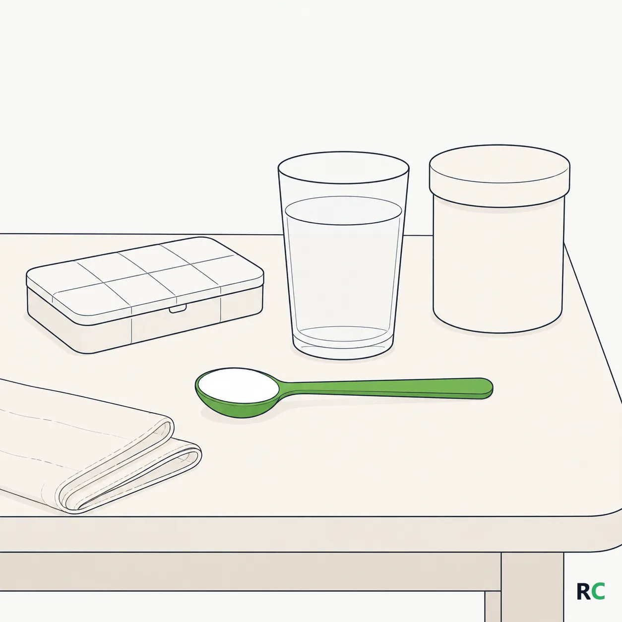 Ilustração de colher de chá rasa com pó branco ao lado de um copo de água sobre a mesa, com a cartela de remédios da manhã ao fundo