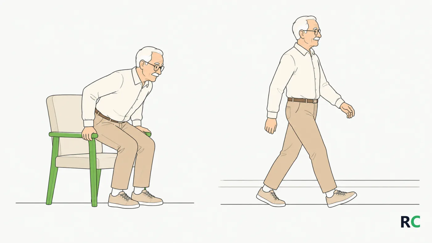 Ilustração em duas cenas: idoso levantando da poltrona com esforço nos primeiros segundos e o mesmo idoso caminhando tranquilo no corredor