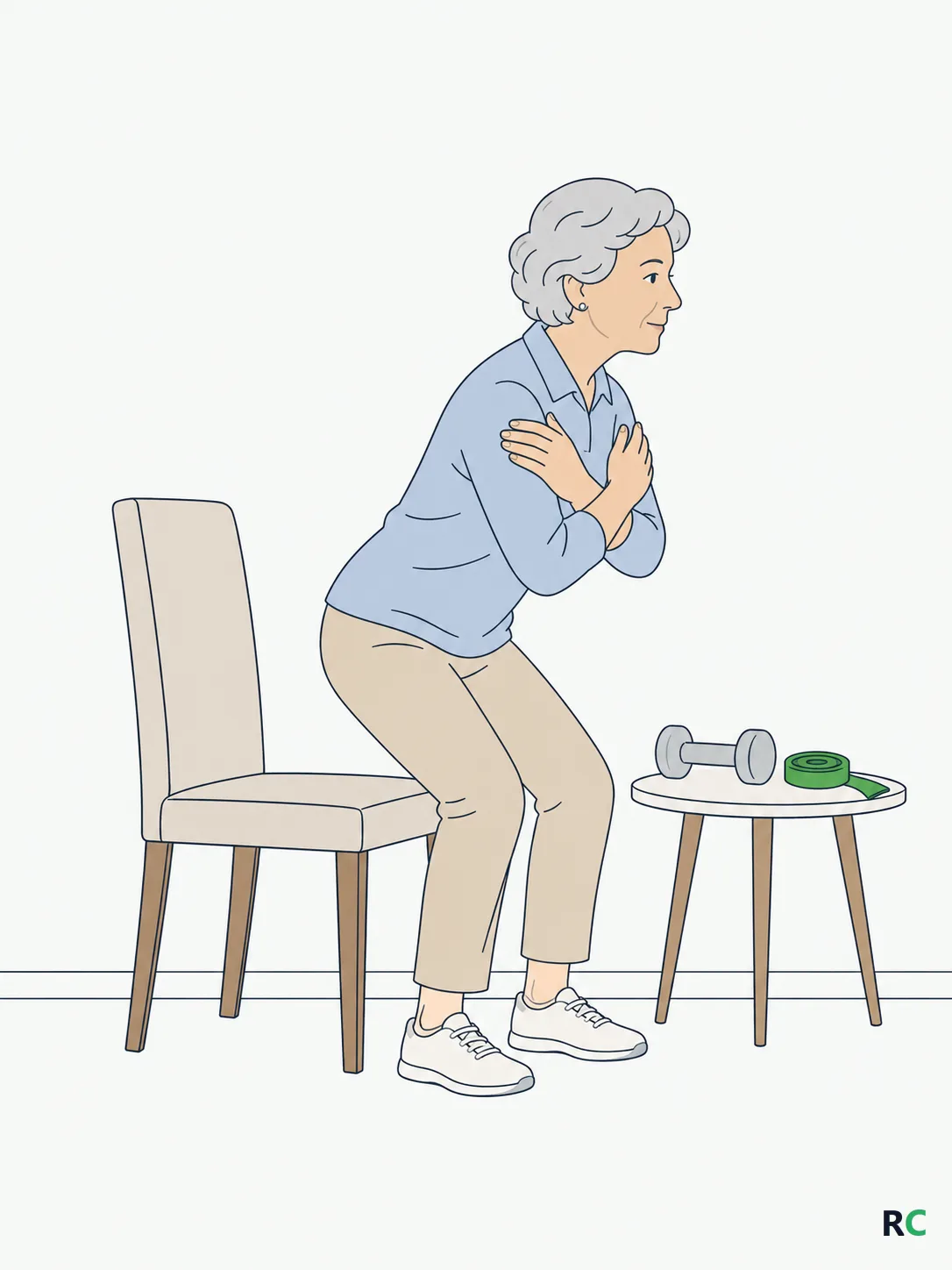 Ilustração vertical de idosa levantando da cadeira da sala sem usar as mãos, com faixa elástica e halter leve apoiados na mesa lateral