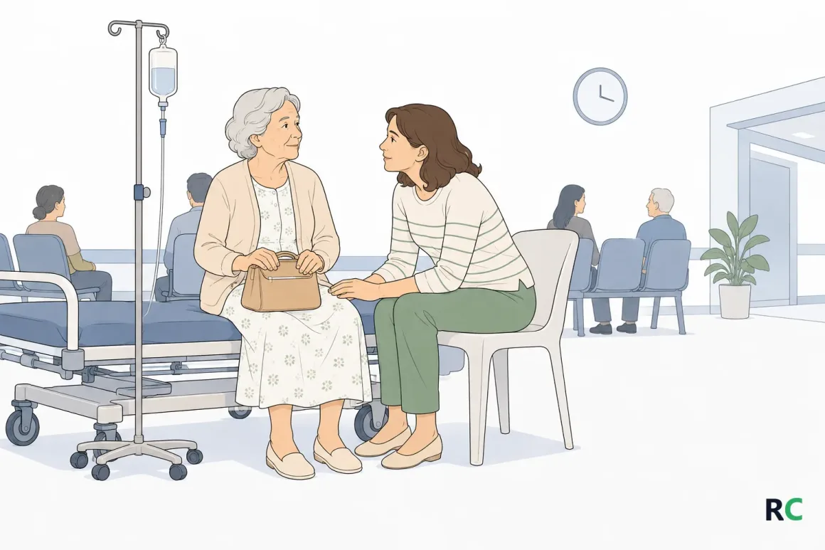 Ilustração de idosa sentada na beira de uma maca em sala de espera de pronto-socorro, com a bolsa no colo e a filha sentada ao lado