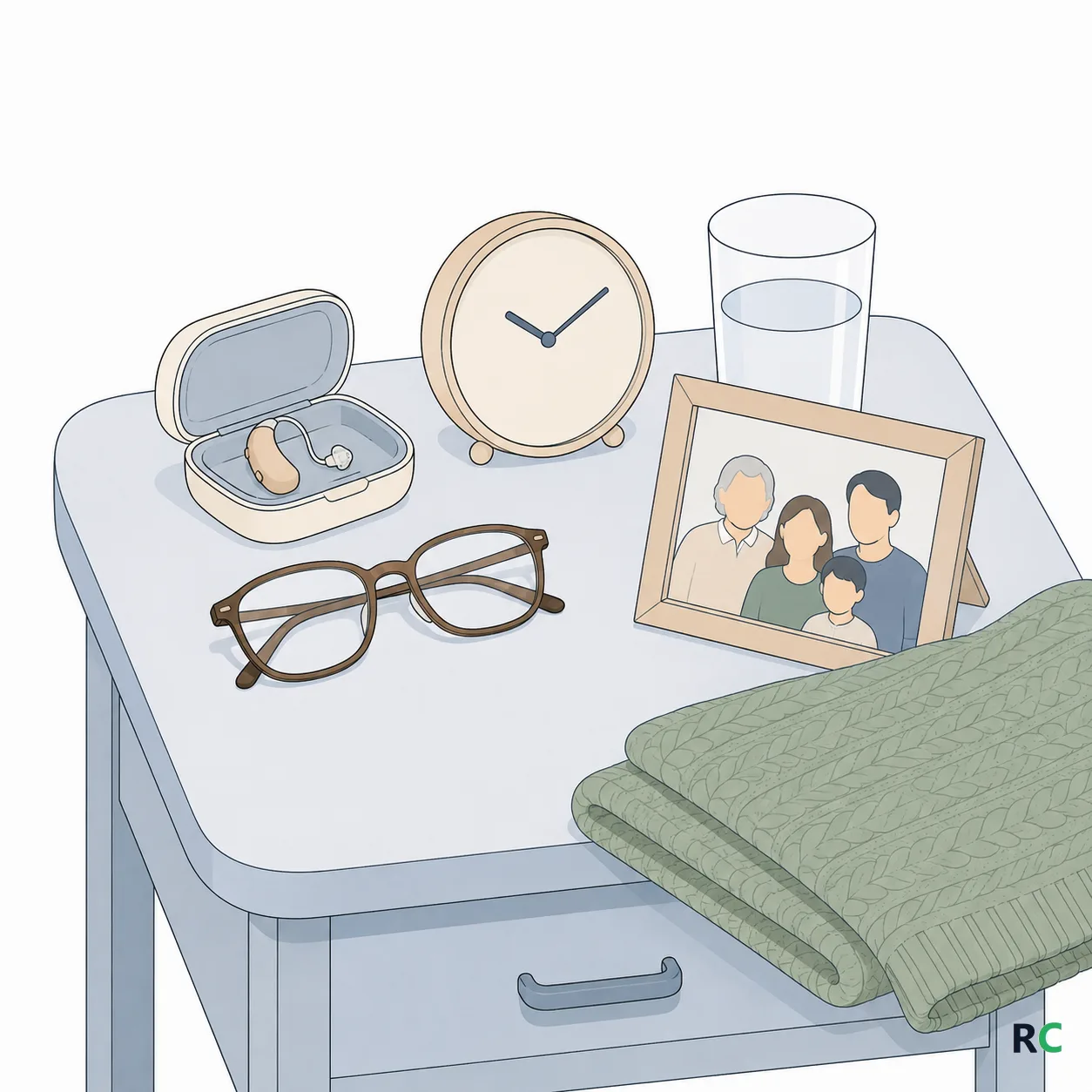 Ilustração de mesa de cabeceira com óculos, aparelho auditivo na caixinha, relógio de ponteiros, copo de água, um retrato de família e um cobertor dobrado