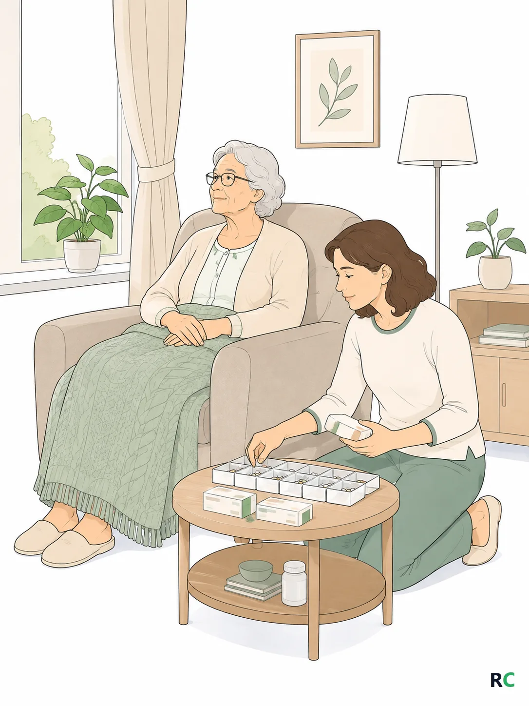 Ilustração vertical de idosa sentada na poltrona da sala de casa, com a filha ao lado organizando as caixas de remédio
