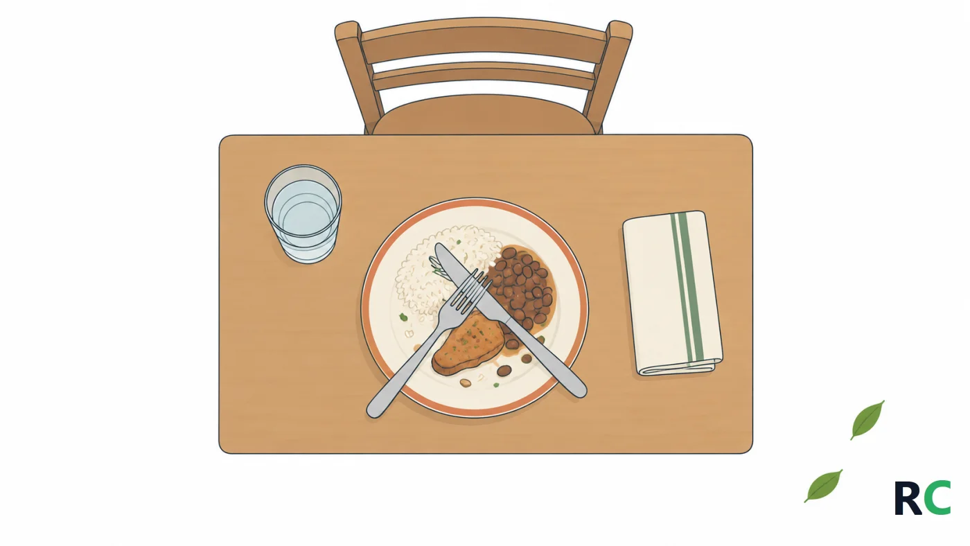 Ilustração de mesa de cozinha vista de cima com um prato de almoço servido e quase intocado, talheres cruzados ao lado e uma cadeira vazia afastada