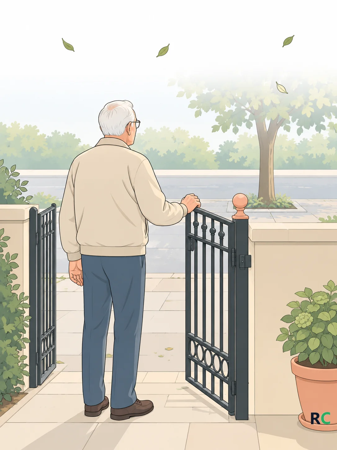 Ilustração de senhor idoso parado no portão de casa, de manhã, com a mão apoiada na grade e olhando para a calçada arborizada à frente
