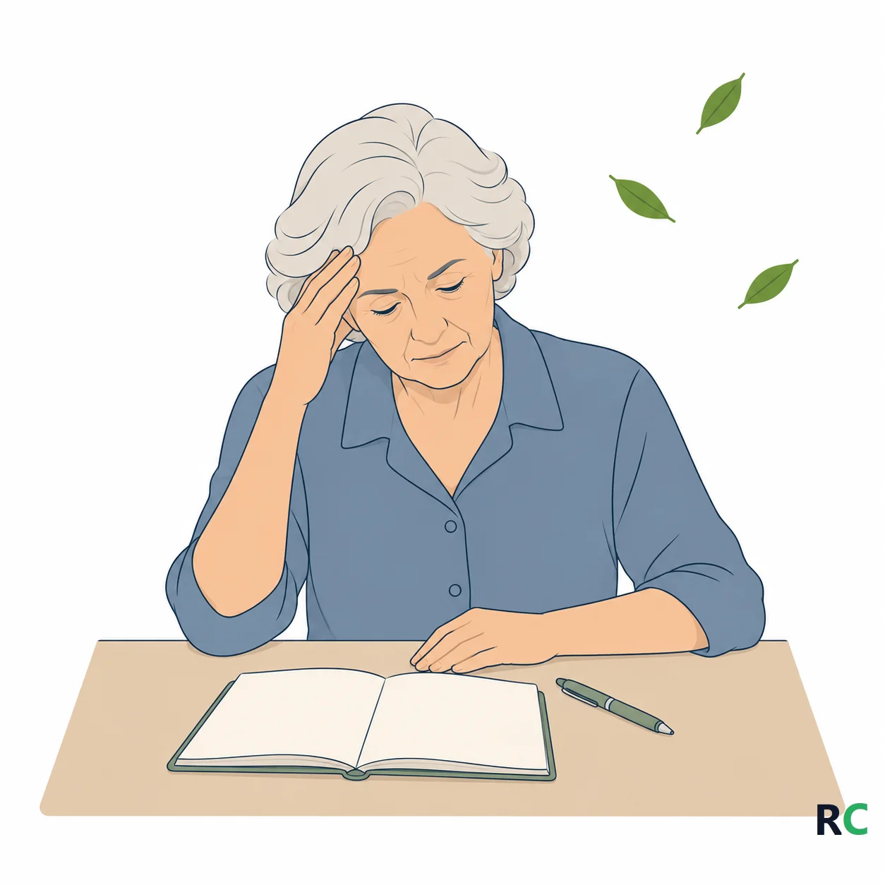 Ilustração de senhora idosa sentada à mesa diante de um caderno aberto e uma caneta, com a mão na testa e o olhar parado sobre a página em branco