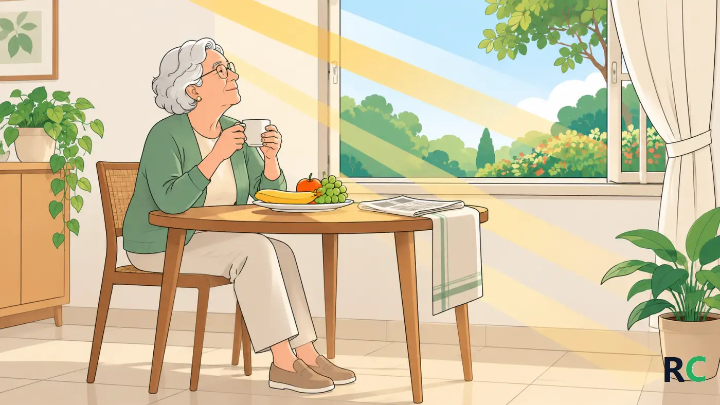 Ilustração de idosa tomando café da manhã à mesa, ao lado de uma janela com a claridade entrando