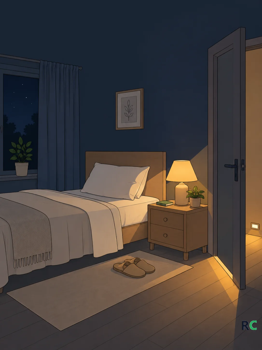 Ilustração vertical de quarto à noite, com abajur aceso ao lado da cama, chinelos no chão e a porta entreaberta com luz baixa marcando o caminho