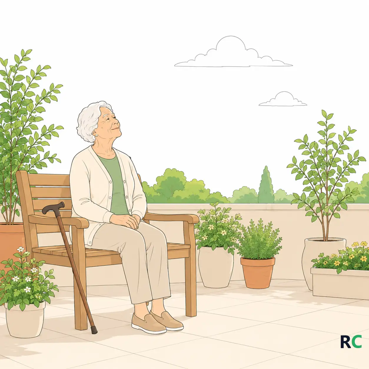 Ilustração de idosa sentada em um banco de varanda cercado de vasos de plantas, com o rosto voltado para o céu e a bengala apoiada ao lado